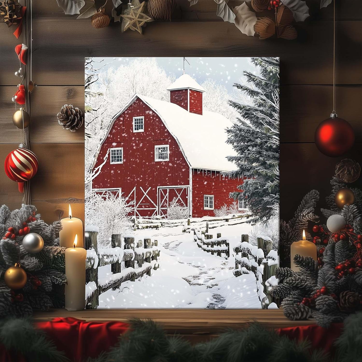 ChristmasCanvas Wall Art Decor with Farm, Red Walls, Snowy Road and Snow-Covered Pines, Holiday Canvas Print for Living Room and Bedroom, Farmhouse-Themed Christmas Wall Art?24X30 inch