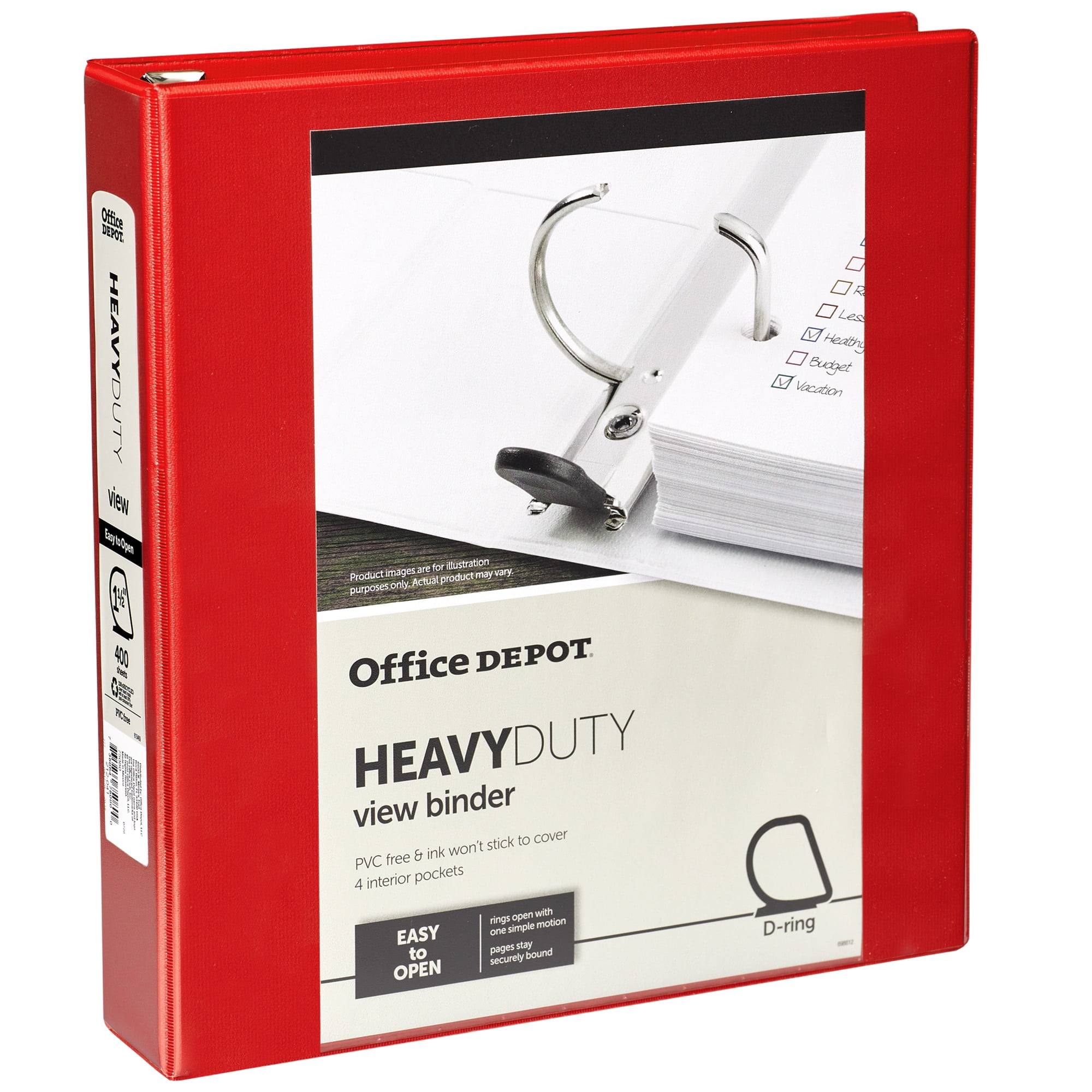 Office Depot® Brand Heavy-Duty D-Ring View Binder, 1 1/2' Rings, 54% Recycled, Red