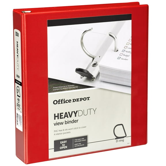 Office Depot® Brand Heavy-Duty D-Ring View Binder, 1 1/2" Rings, 54% Recycled, Red
