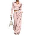 thumbnail image 2 of WULMLEO Athletic Tracksuit for Women Long Sleeve Quarter Zip Cropped Top And Wide Leg Pants With Pockets Pink XL, 2 of 7