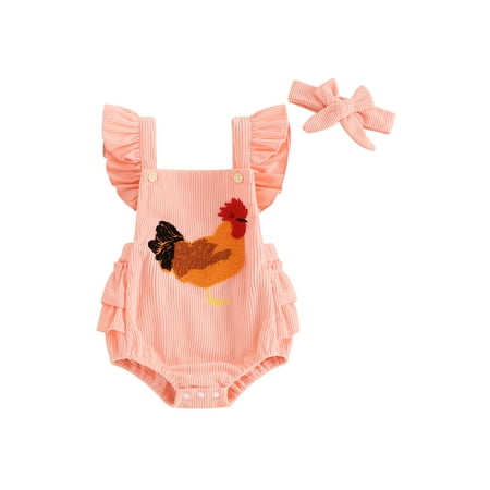 

ESASSALY Baby Girls Rompers Fuzzy Rooster Embroidery Clothes with Headband