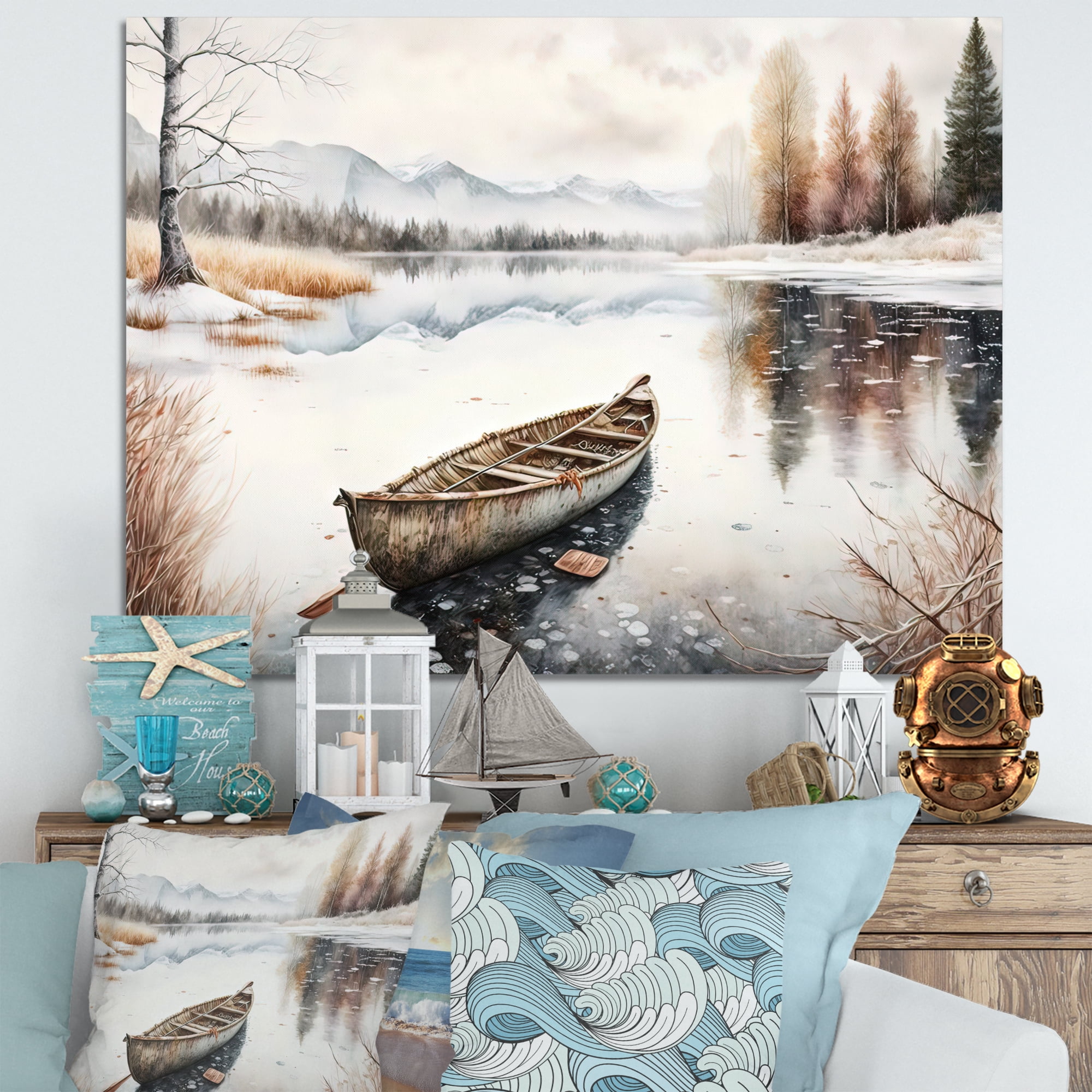 Designart Winter Scene With Canoe I Canvas Wall Art