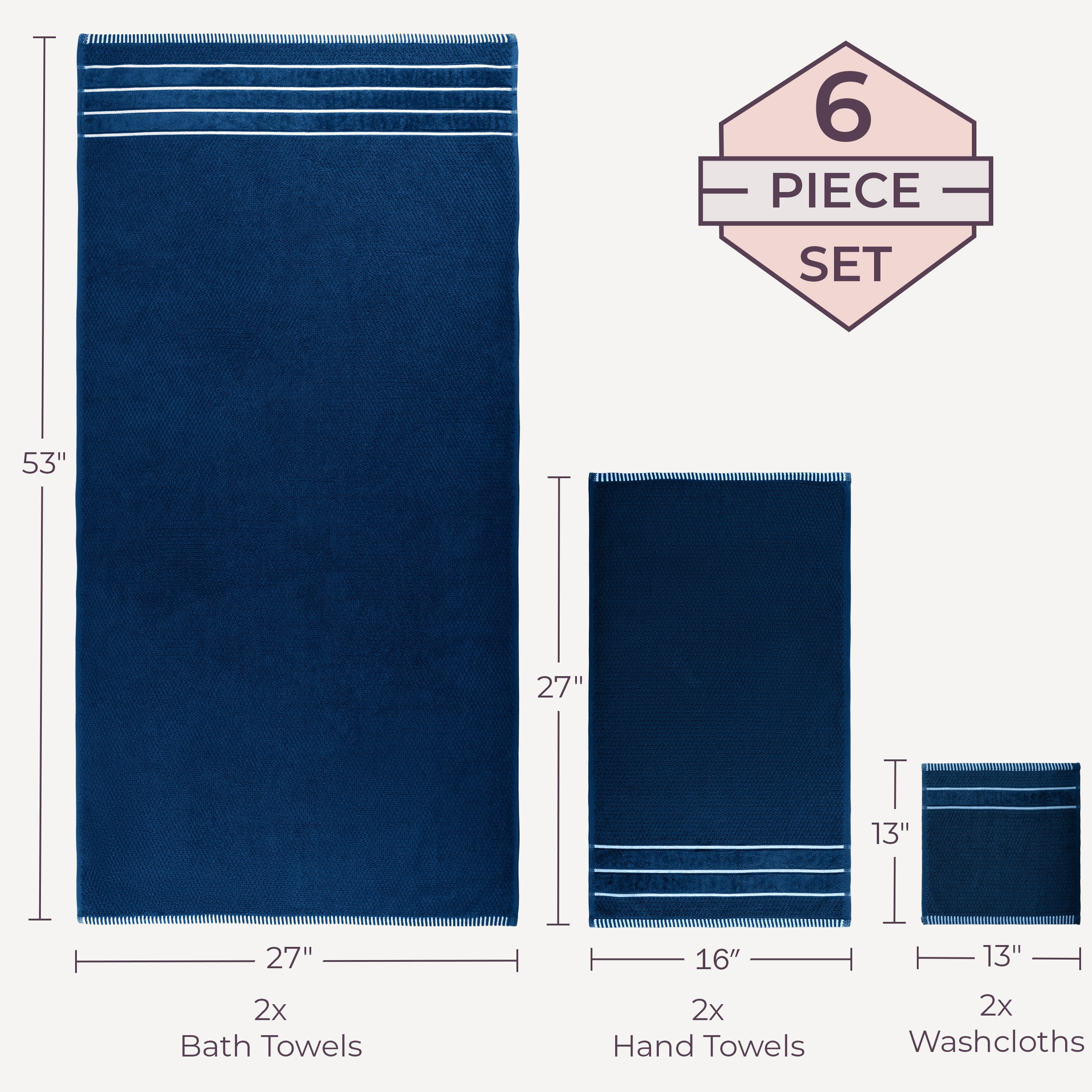 Lavish Home 6-Piece 100% Cotton Bathroom Towel Set with Rice Weave (Navy)