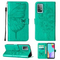 Dteck Samsung A52 Case, Butterfly Patterned Wallet Case, Magnetic Hand Strap Credit Card Holder Slots Synthetic Leather Kickstand Protective Cover For Samsung Galaxy A52, Green