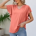 thumbnail image 3 of Mujeres V cuello ruffle manga corta camisas verano moda casual suelta puro color mujer ruffle manga corta blusa coral rojo XXL, 3 of 6