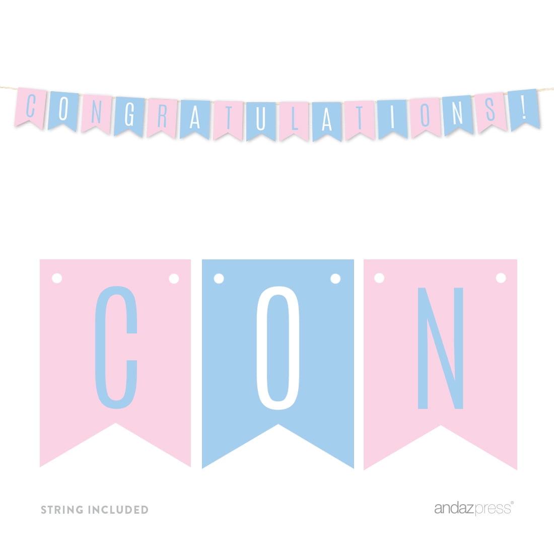 Signature Pink and Blue Gender Reveal Baby Shower, Hanging Pennant Banner, Congratulations!