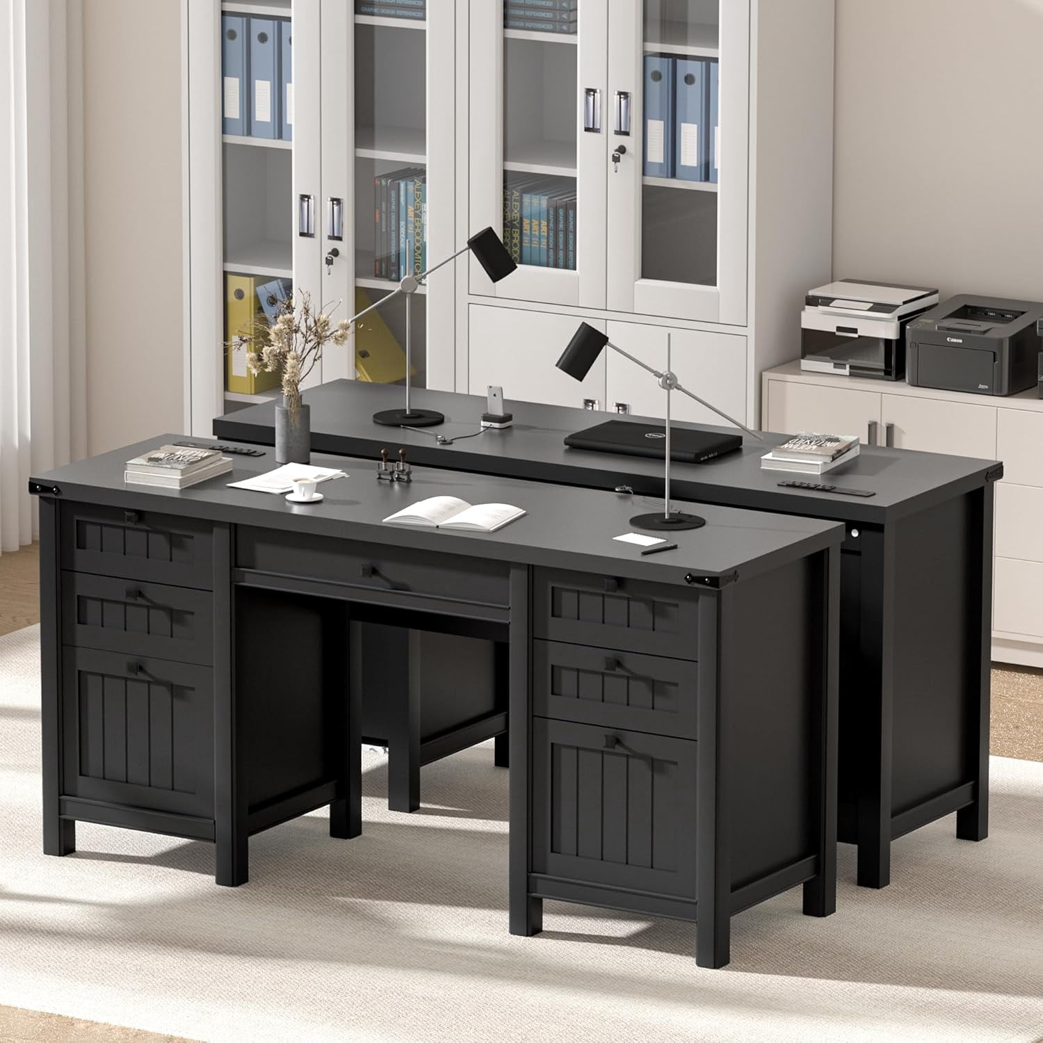 FIAKOA 62" Executive Desk, Modern Farmhouse Computer Desk with Drawers & Cabinet,Home Office Desk Writing Workspace for Work Study,Black