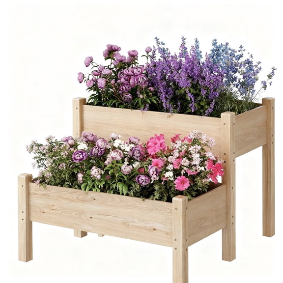 Riedhoff 2 Tier Wooden Raised Garden Bed with Legs, 33.86 x 33.86 x 28.74", 8 Drainage Holes, Oak