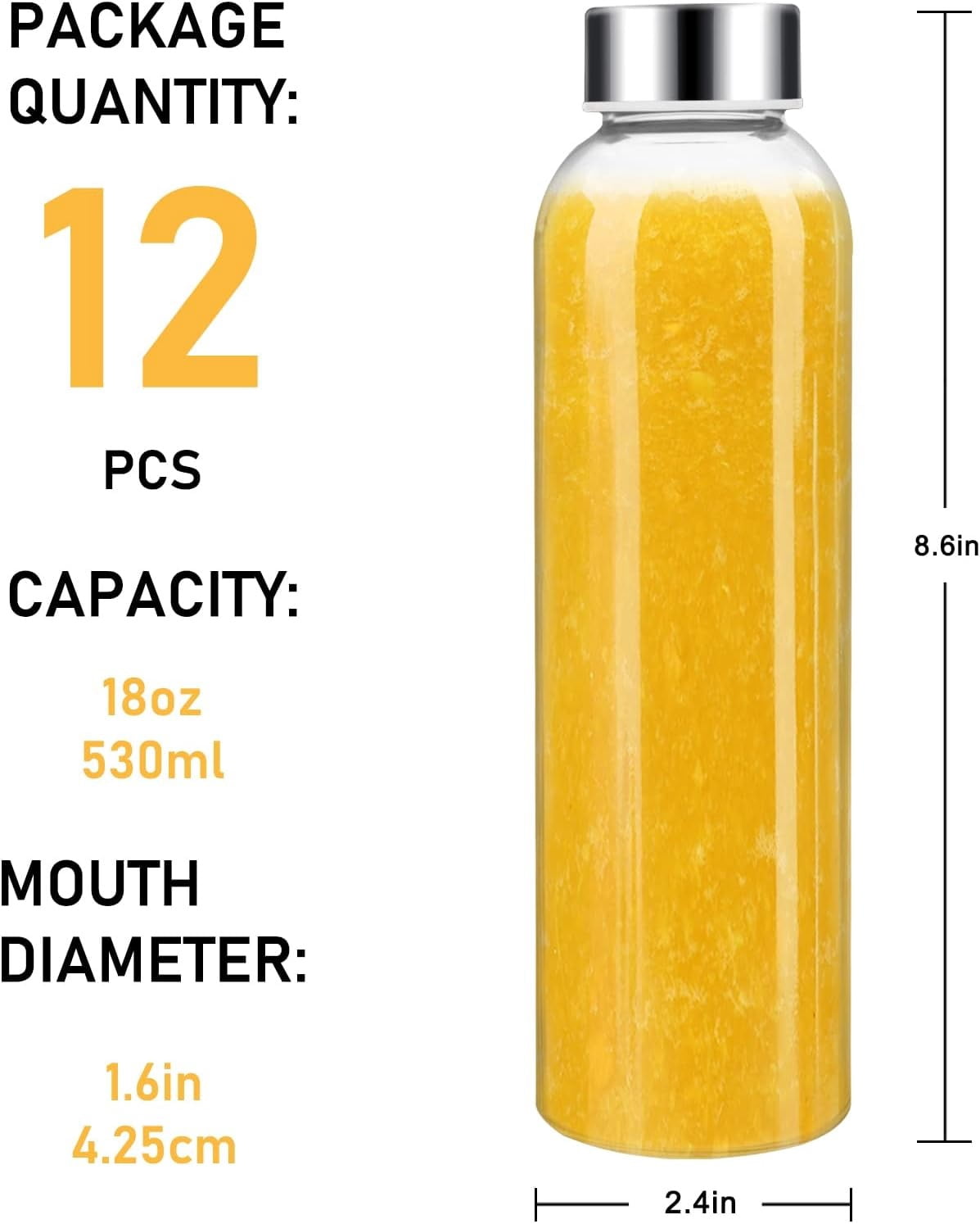 [12 Pack] 18 oz Glass Water Bottles with Lids, Juice Bottles, Clear glass juice bottle for juicing, Eco-Friendly Reusable Glass Juicing Bottles with Stainless Steel Lid, Free,Leak-Proof