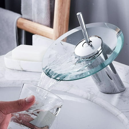 

QXuchild Waterfall Bathroom Sink Faucet 1 Handle Single Hole Glass Basin Tap Water Switch