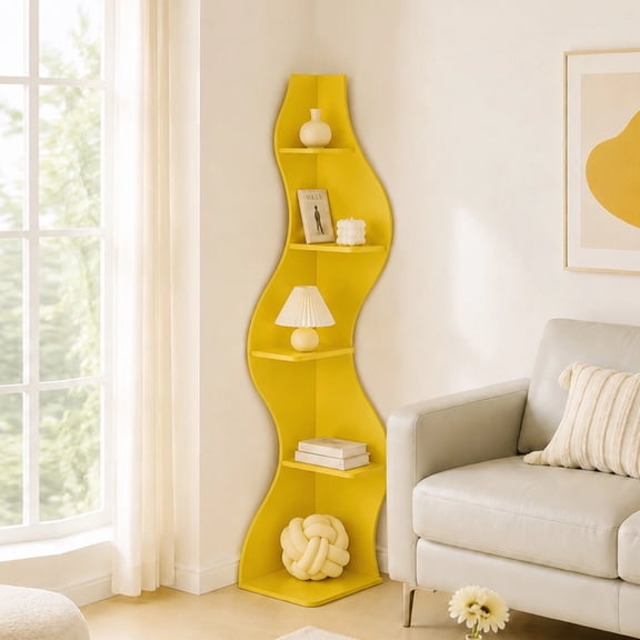 Wavy 5-Tier Corner Shelf, Small Corner Display Cabinet Bookshelf Modern Plant Stand Multi-Functional Storage Rack for Living Room Bedroom Home Office Small Space, Yellow