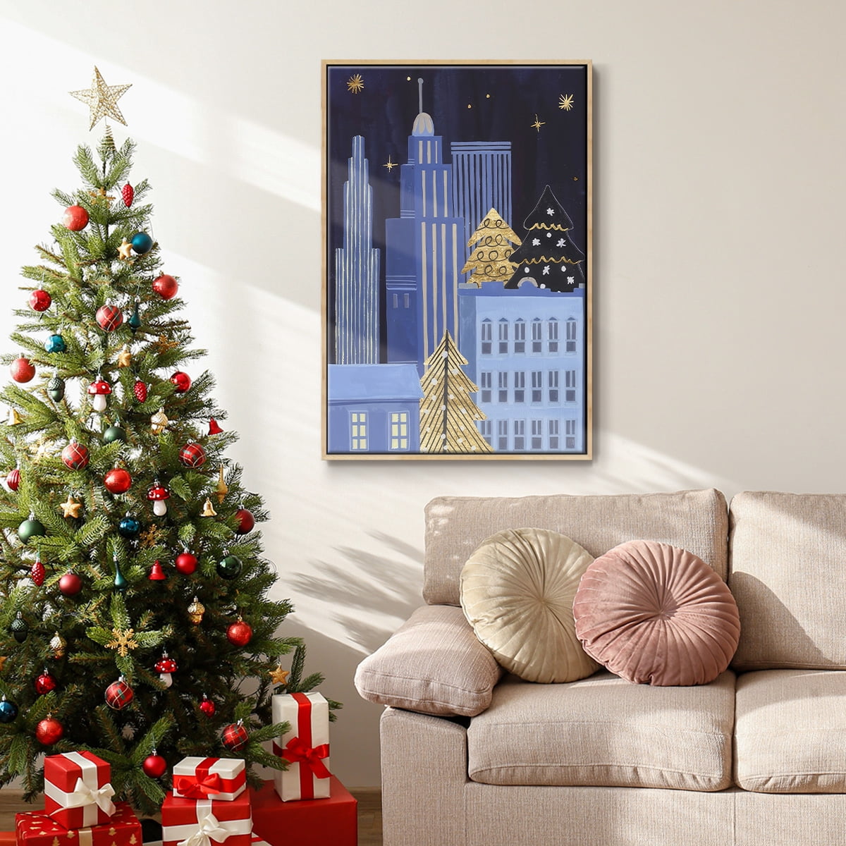 Holiday Night Collection B - Framed Gallery Wrapped Holiday Canvas - 17 x 25 - Natural Wood Frame