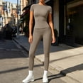 thumbnail image 5 of Womens 2 Piece Workout Set Athletic T-Shirt High Waist Leggings Activewear for Gym, Running Yoga Coffee M(M), 5 of 7