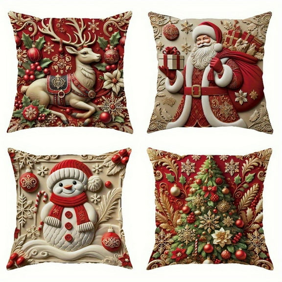 4-Pack Christmas Pillow Covers Set, 17.7x17.7 Inch Cotton Decorative Pillow Cases with Hidden Zipper, Festive Holiday Sofa Bed Decor(Red)
