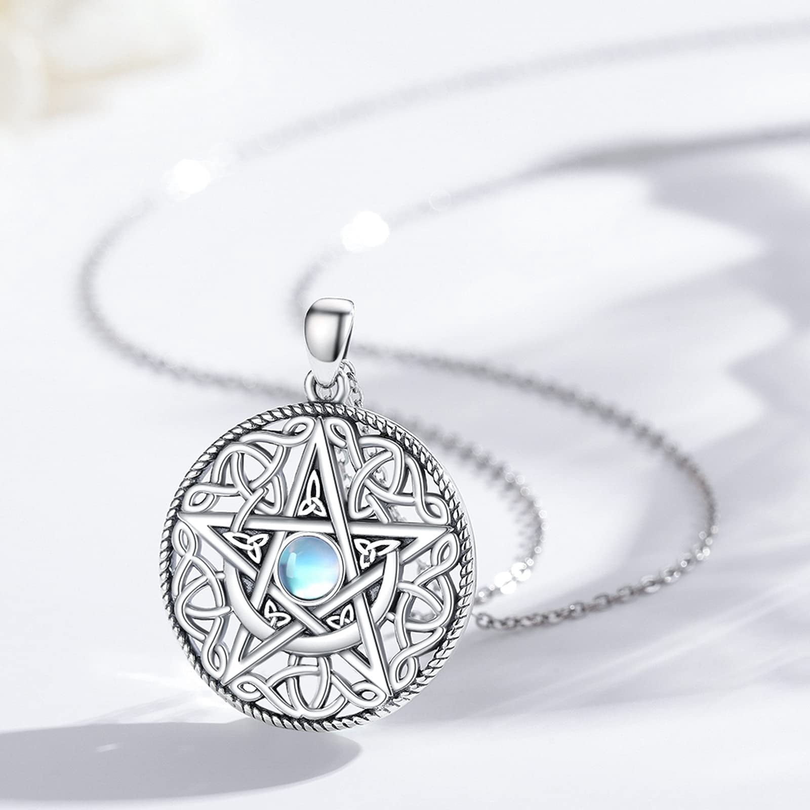 Coachuhhar Pentagram Necklace 925 Sterling Silver Moon Pentacle Pendant Celtic Knot Pagan Witchy Wiccan Amulet Jewelry Gifts for Women