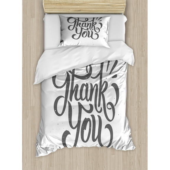Thank You Duvet Cover Set Twin Size, Spots Funky Dramatic Font Artwork Thankful Gratitude Inscription Message, 2 Piece Bedding Set with 1 Pillow Sham, Pearl and Dark Grey, by Ambesonne