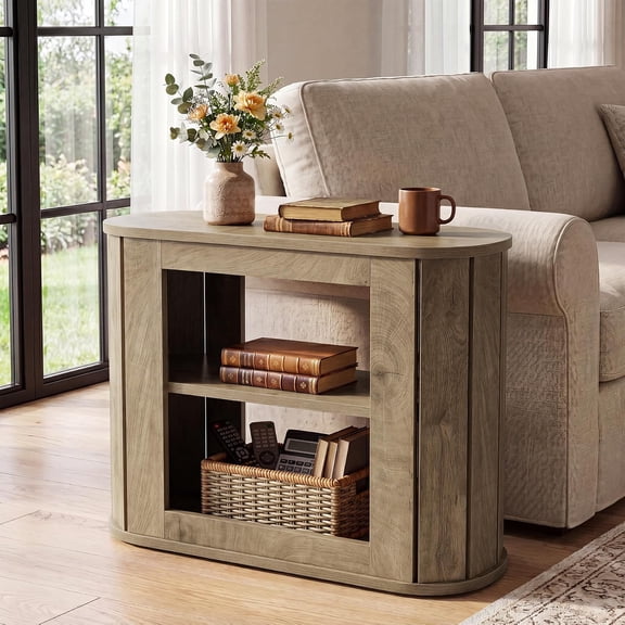 Finmind 3-Tier Wooden End Table with Curved Frame, Farmhouse Side Table with Open Shelves, Natural