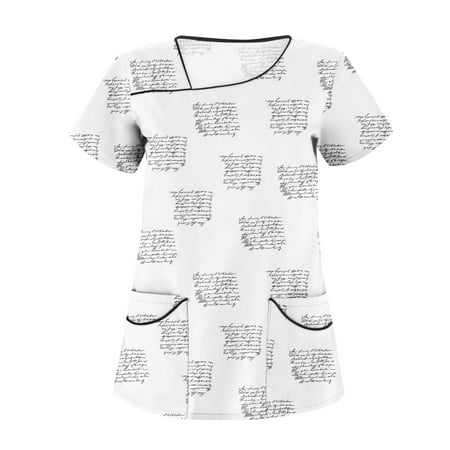 

TKing Fashion Independence Day Women Plus Size Scrubs Top V-Neck Short Sleeve Printed Pockets Work Blouse for Women White 3XL