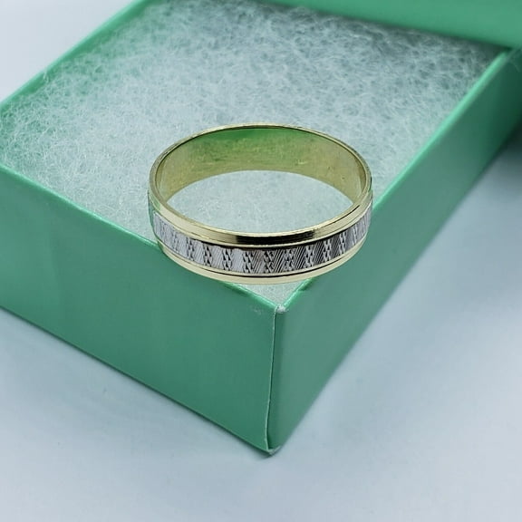 14K Two Tone Yellow White Gold Diamond Cut Ring with Line Design