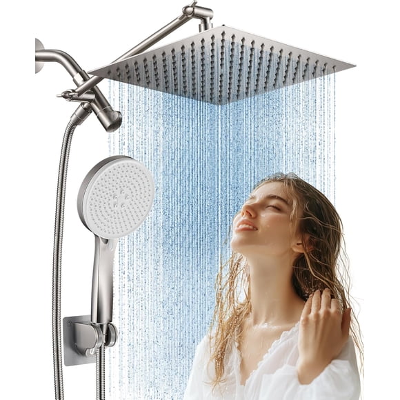 8 Inch All Metal Rainfall Shower Head with Handheld Showerhead Combo - 11 Inch Extension Arm, 6-Setting High Pressure Shower Head with Hose & Shower Holder, Brushed Nickel