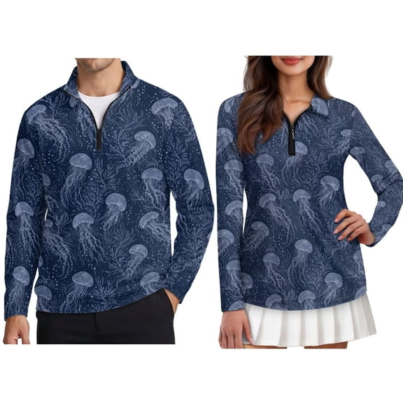 FOR U DESIGNS Blue Jellyfish Coral Print Matching Couple Golf Shirts Long Sleeve Quarter Zip Up Polo Shirts Moisture Wicking Outfits for Men Women