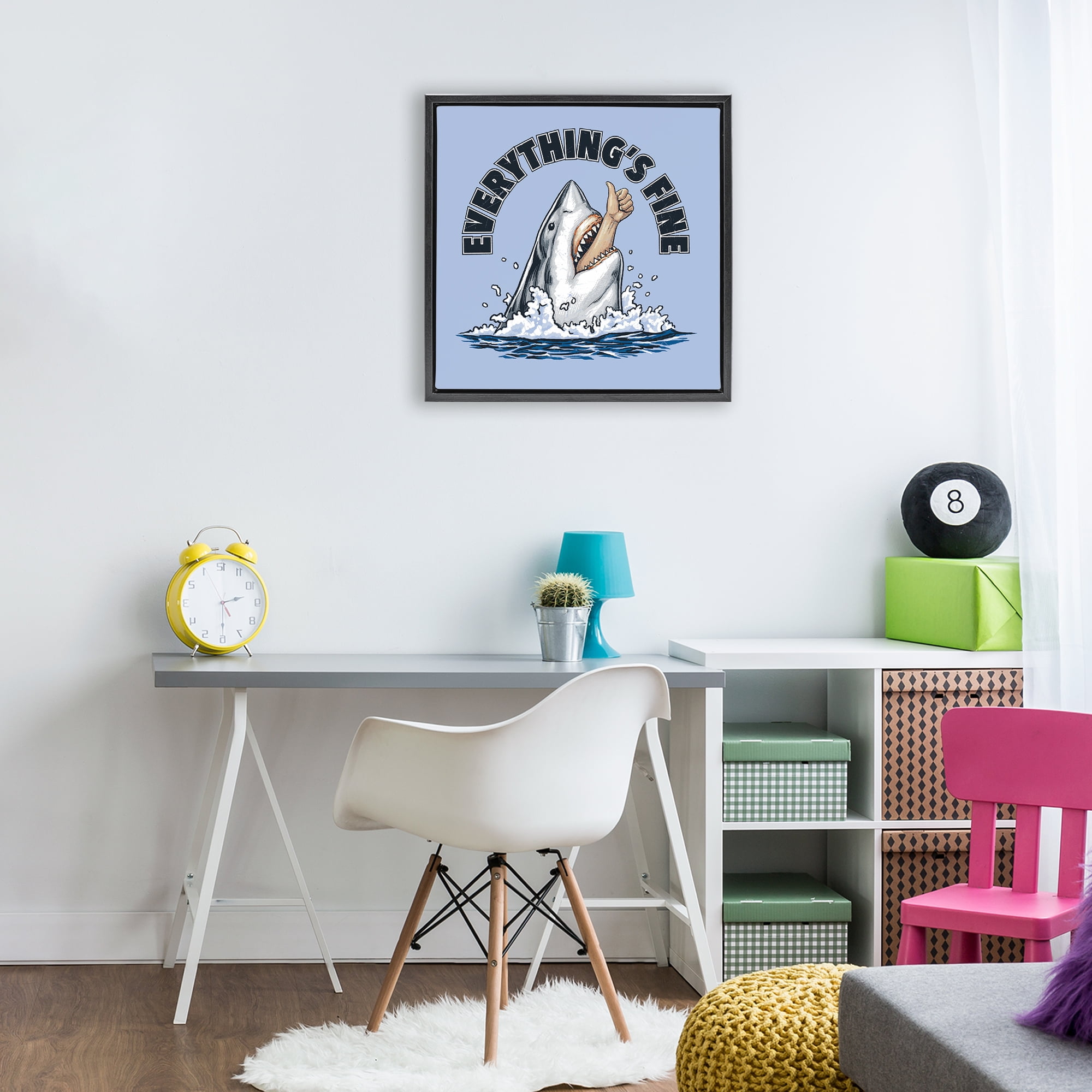 Everything's Fine Shark Bite Black Framed Floater Canvas Wall Art, design by Jedco Brands Inc.