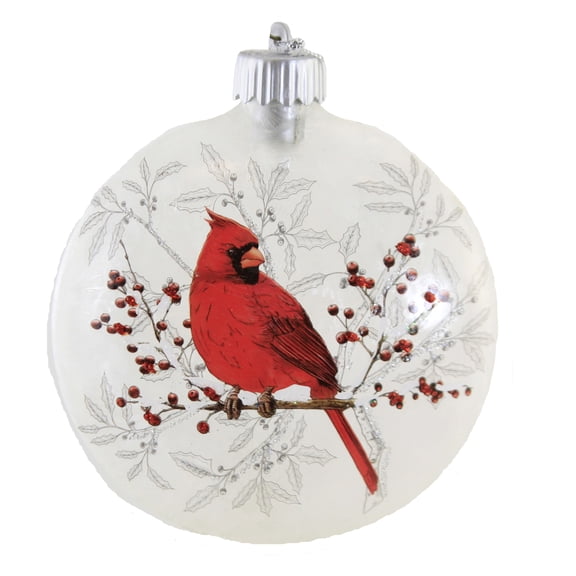 Roman Cardinal On Holly Branch Winter Forest Red 6 x 5 Glass Holiday Hanging Ornament