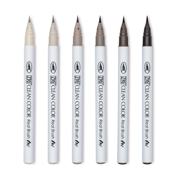 Kuretake Zig Clean Color Real Brush Pens - Set of 6, Warm Grey