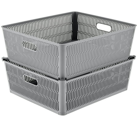 Simplify 2 Pack Slide 2 Stack It Plastic Shallow Storage Basket, Gray
