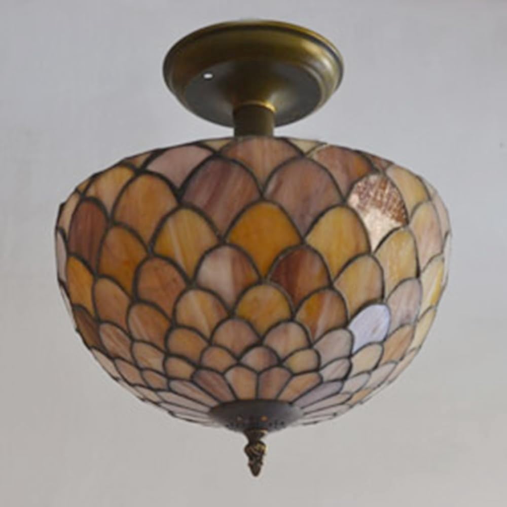 Kiven 11.8in Plug-in Flush Mount Ceiling Light Fixture, 2-Light Anti Glare Close to Ceiling Light with 15FT Cord, Tiffany-Style Glass Chandelier Dimmable for Bedroom Kitchen Hallway(No.3186)