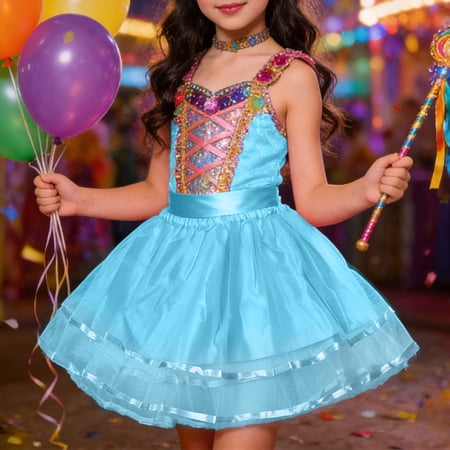 Huowey Girls Children Fairy Tutu Dress Sequin Shiny High Waist Sleeveless Spaghetti Sparkling Strap Tiered Winding Party Carnival Tulle Stylish Dresses Ruched Sundress Blue One Size
