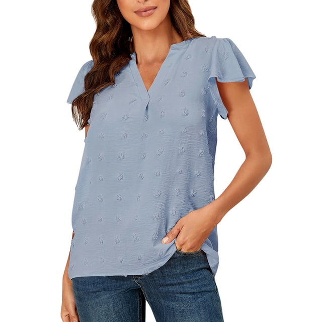 Blusa de manga corta de jacquard, blusa de manga corta de jacquard, blusa de jacquard con cuello en V, blusa de jacquard, tecnología de vanguardia