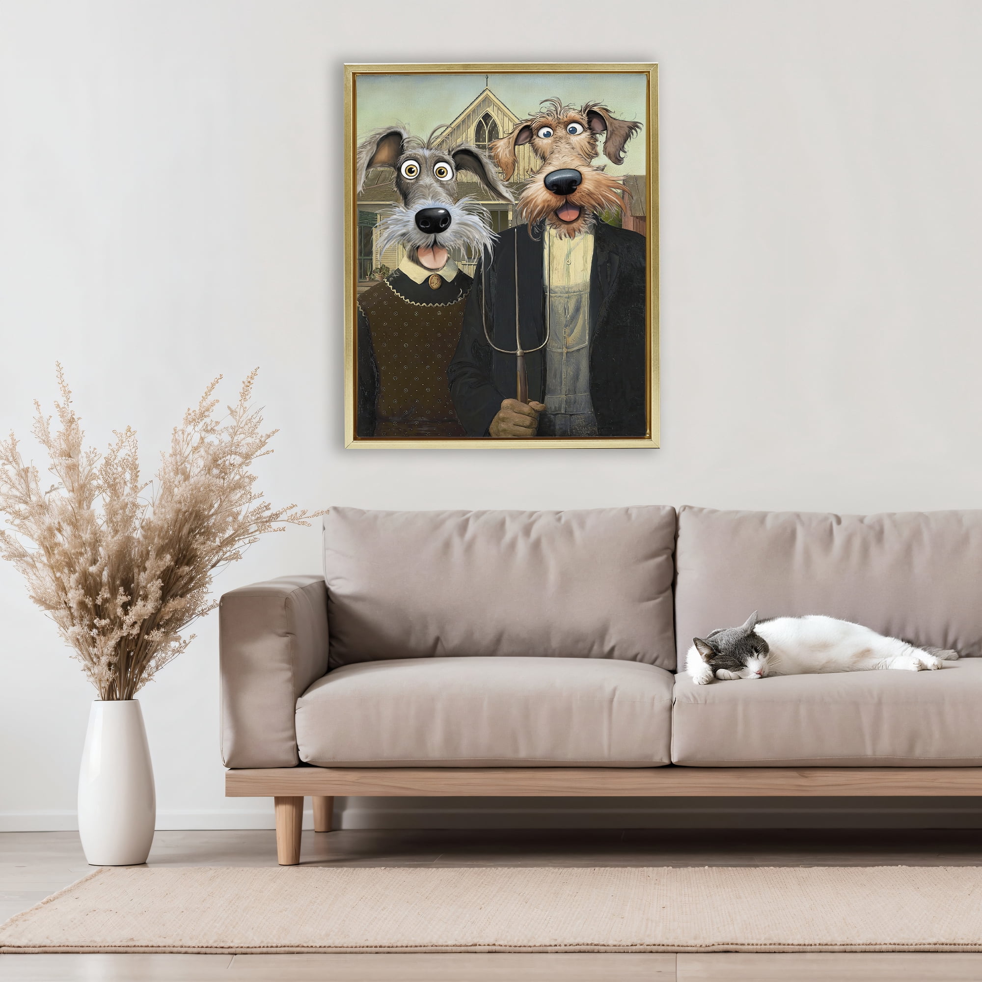 Stupell Industries American Gothic Pups Gold Framed Floater Canvas Wall Art, design by Tina LeCour