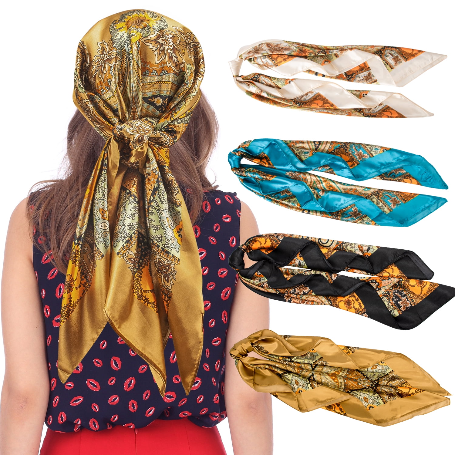 4 Pack 35" Large Silk Scarf Satin Square Head Scarves Silk Like Neck