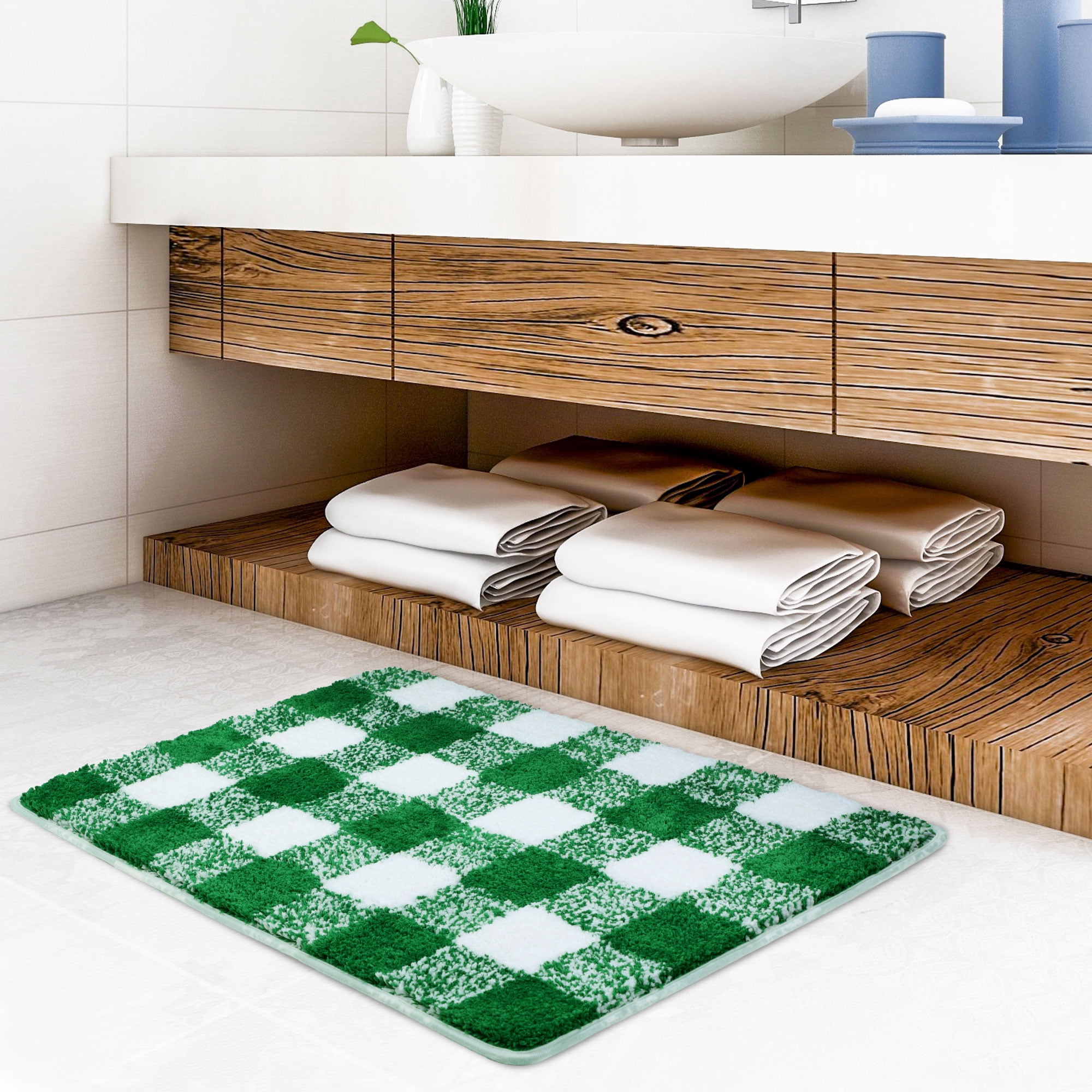Unique Bargains Soft Microfiber Plaid Bathroom Rugs Green & White 20"x30"