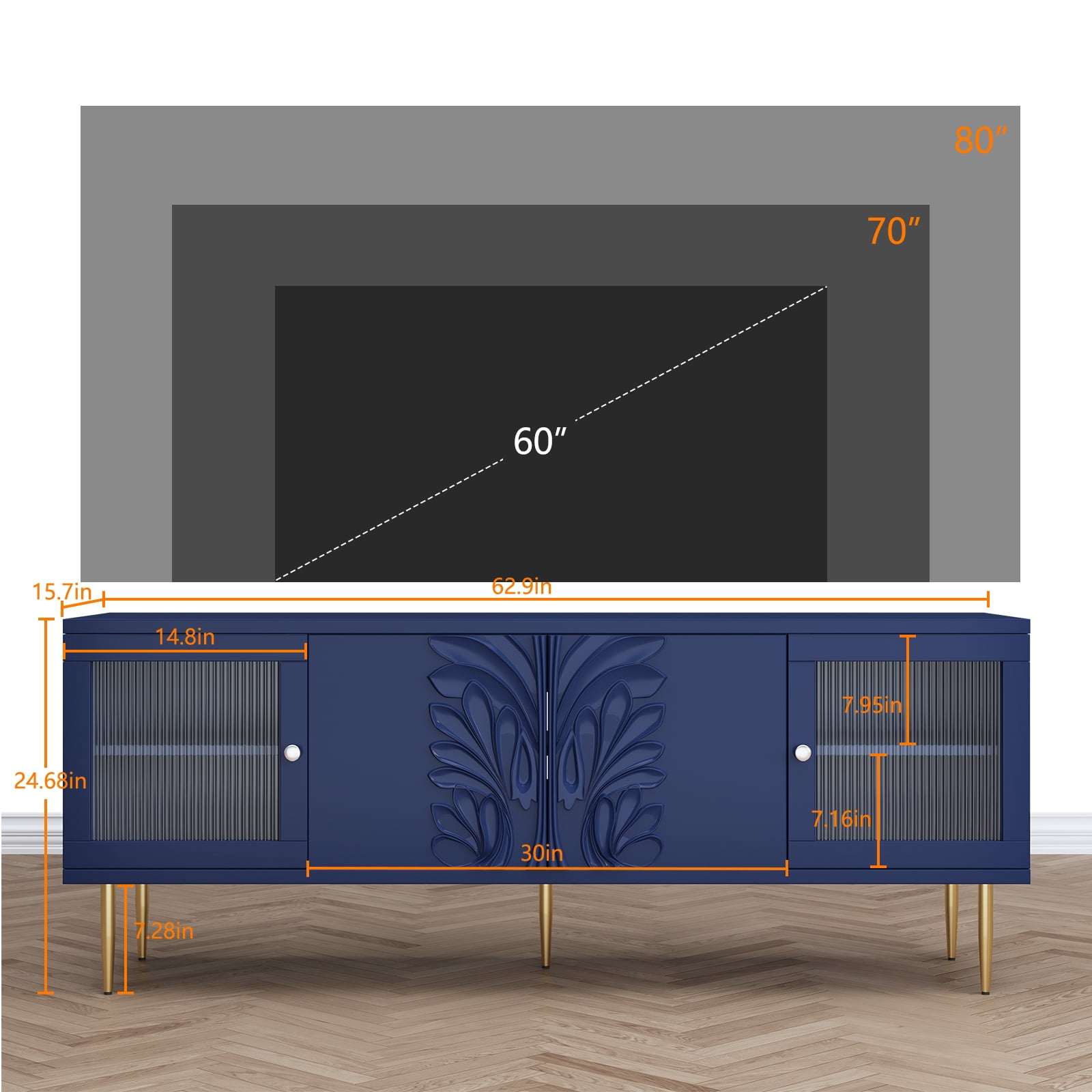 HLR 63" Modern Wood TV Stand with 3D Flower Pattern for TV Up To 75", Entertainment Center with Storage, Navy Blue