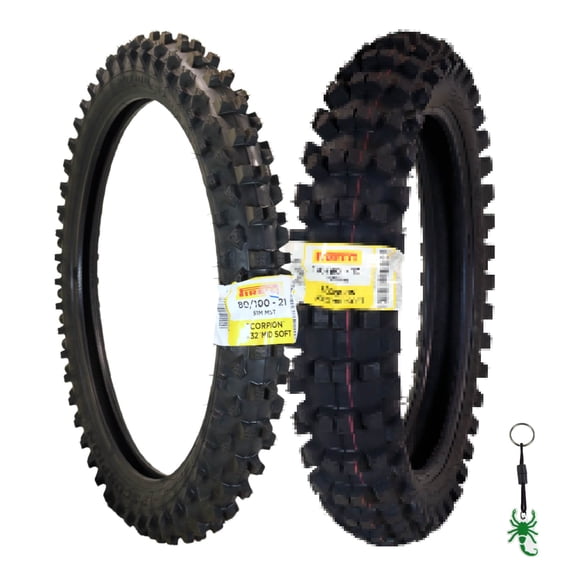 Pirelli Scorpion MX 32 Mid Soft Front 80/100-21 & Rear 100/90-19 Dirt Bike Tires with Keychain - Two Pack
