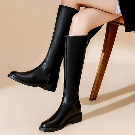 

NEGJ Fashion Autumn And Winter Women Knee Boots Low Heel Thick Heel Round Toe Solid Color Black Back Zipper Simple