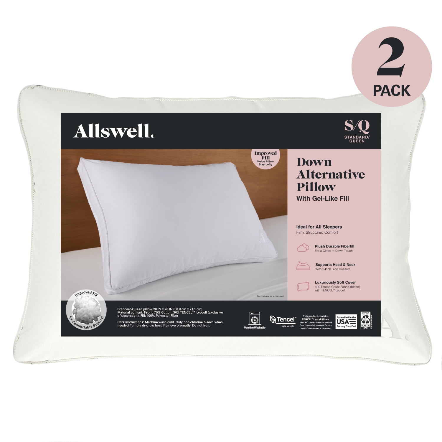 Allswell Down Alternative Bed Pillows, Standard/Queen, Firm, 2 Count