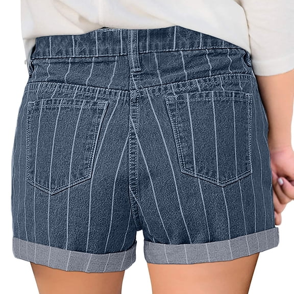 Vedolay Denim Shorts for Women's High Waist Straight Leg Raw Hem Jean Shorts with Pockets,Navy M
