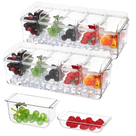 2 Pack Chilled Condiment Tray Server - Salad Meal Prep Divided Containers | Food-Grade Plastic Container with Removable Lids & Compartments, Large Ice Condiment Organizer for Kitchen, Party, Bar