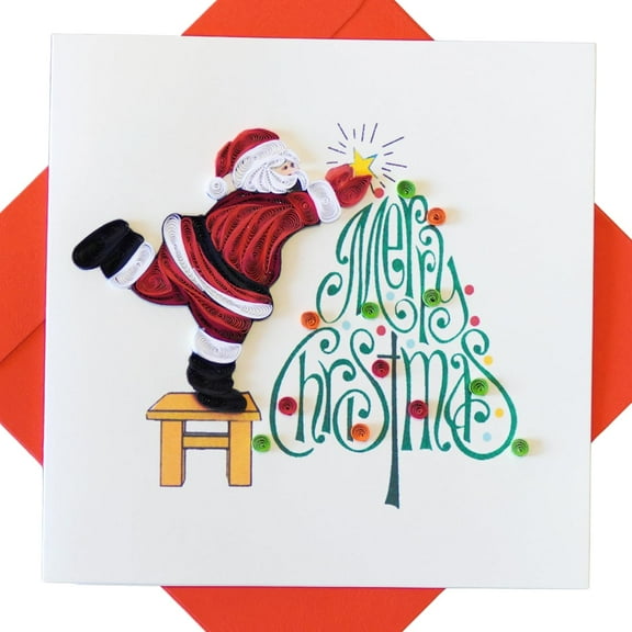 EverLove Unique Quilling Card – Santa Claus Decorating Merry Christmas Tree Design | Handmade Greeting Card for Christmas & New Year, Holiday Season, Friends & Loved Ones