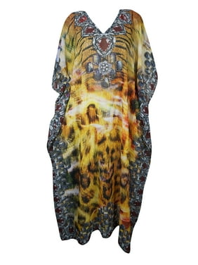 Mogul Women Caftan Maxi Dress, Bohemian Maternity Dress, Lion Printed Georgette Kaftan Beachwear Bikini Wear Cover Up Casual Dresses