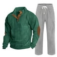 thumbnail image 1 of Handshe Men's Corduroy Two-Piece Set, Solid Color Relaxed Fit with Drawstring Pants and Button-Up Shirt, Casual Sporty Style for Outdoor and Everyday Wear, 1 of 6