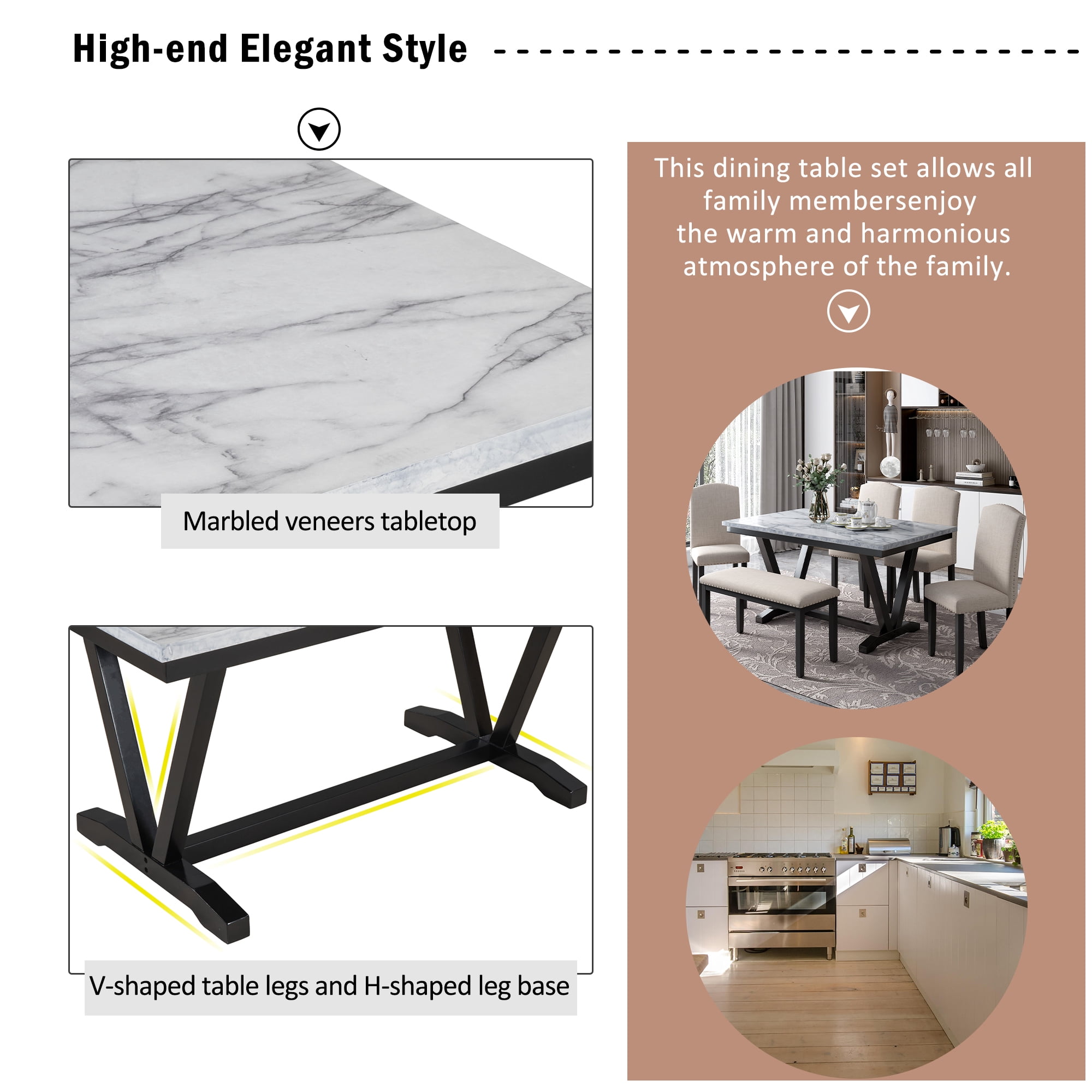 Howcool Modern 6-Piece Dining Set, Marbled Veneers Tabletop, V-Shaped Legs, 4 Chairs & Bench, White