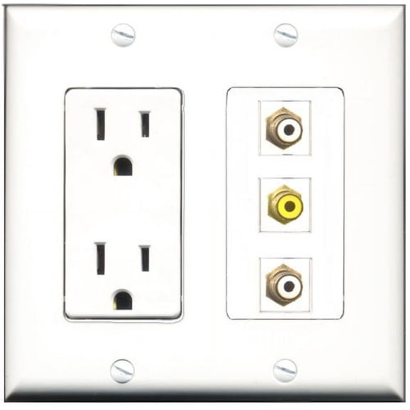 RiteAV - 15 Amp Power Outlet 2 Port RCA White 1 Port RCA Yellow Decorative Wall Plate
