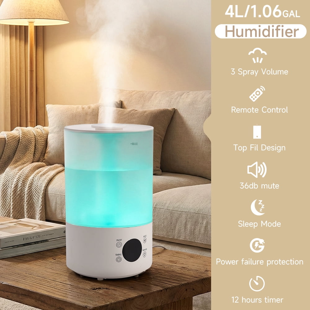 Humidifier for Bedroom, 4L Cool Mist Top-Fill 18H Long Time, Quiet 36db, Large Capacity Humidifier with Remote Control, 7-Color RGB Light, Auto Shut-off for House, Plant, Large Room