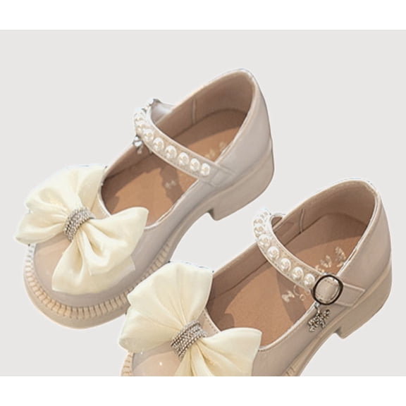 Gyujnb Mary Jane Pearl Bow Low Heel Buckle Dress Shoes for Wedding Party Casual (Little Girls, Big Girls),8-9 Years