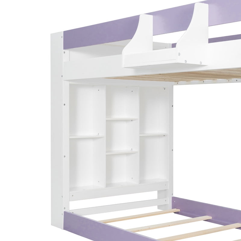 Twin-Over-Twin XL Kids/Teens Bunk Bed with Open Shelves & Guardrail, Accent Two-Tone Wood Storage Bed Frame with Bedside Rack