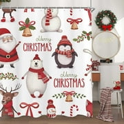 Newhomestyle Christmas Shower Curtain, Watercolor Christmas with Santa Claus Bear Penguin Pine Cone Bath Curtains Kids Decor, Xmas Festiva Fabric Bathroom Shower Curtain wiht Hooks 72x72 inches